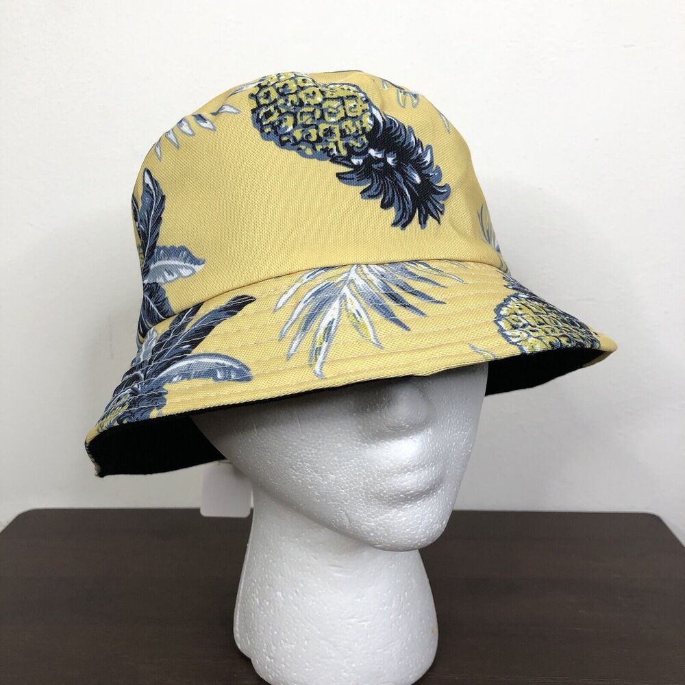 NEW Jeanne Simmons Yellow Blue Pineapple Print 100% Cotton Bucket Hat